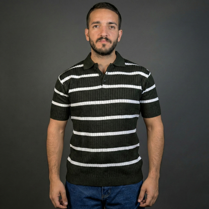 Dark Green & White Striped Polo Shirt