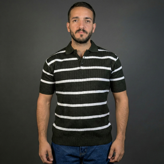 Dark Green & White Striped Polo Shirt