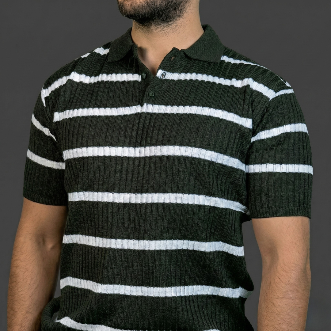 Dark Green & White Striped Polo Shirt