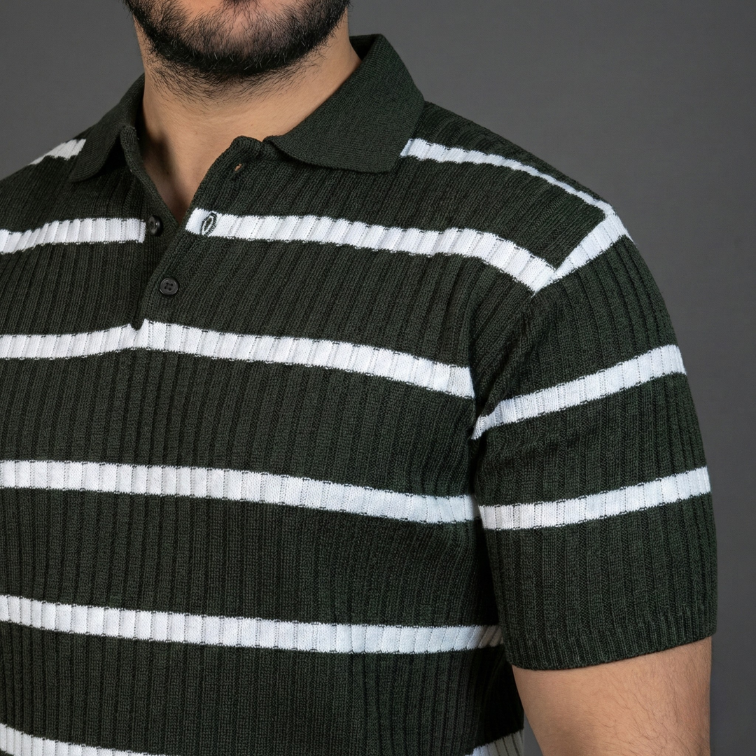 Dark Green & White Striped Polo Shirt