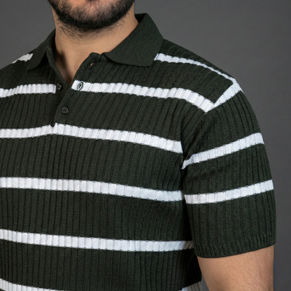 Dark Green & White Striped Polo Shirt