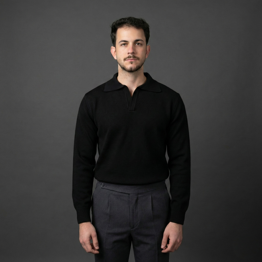 Essential Black Long-Sleeve Polo Sweater