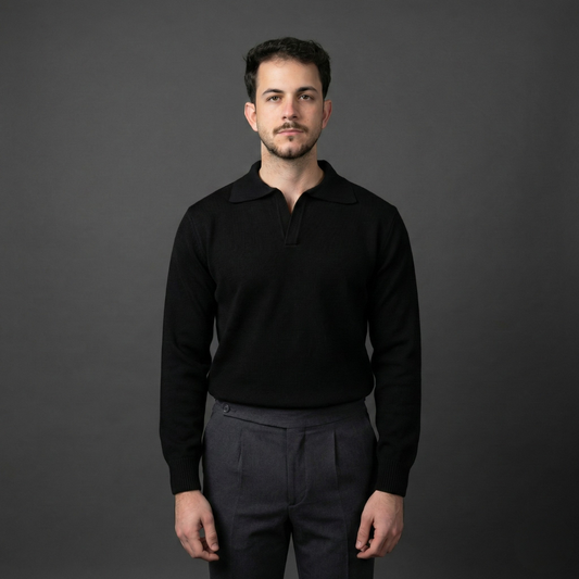 Essential Black Long-Sleeve Polo Sweater