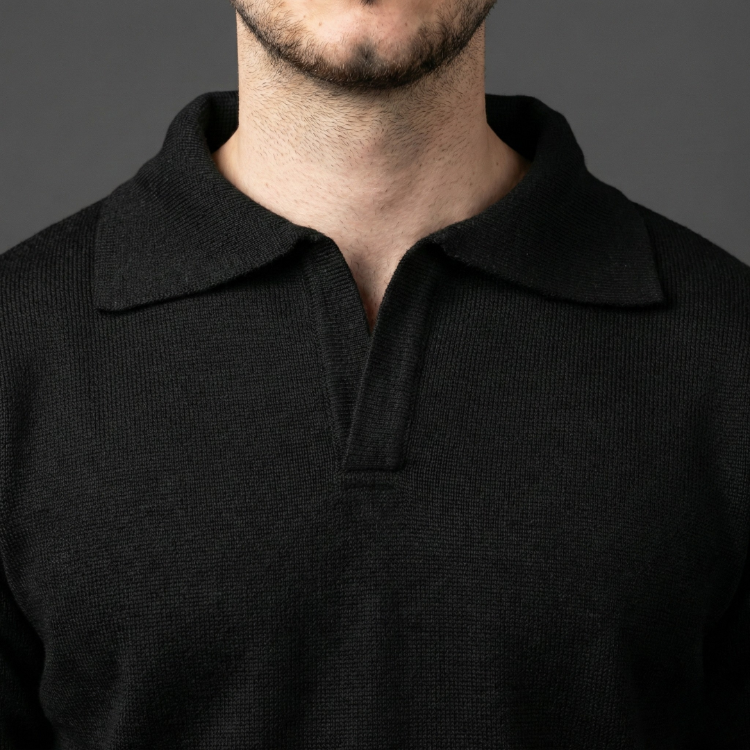 Essential Black Long-Sleeve Polo Sweater