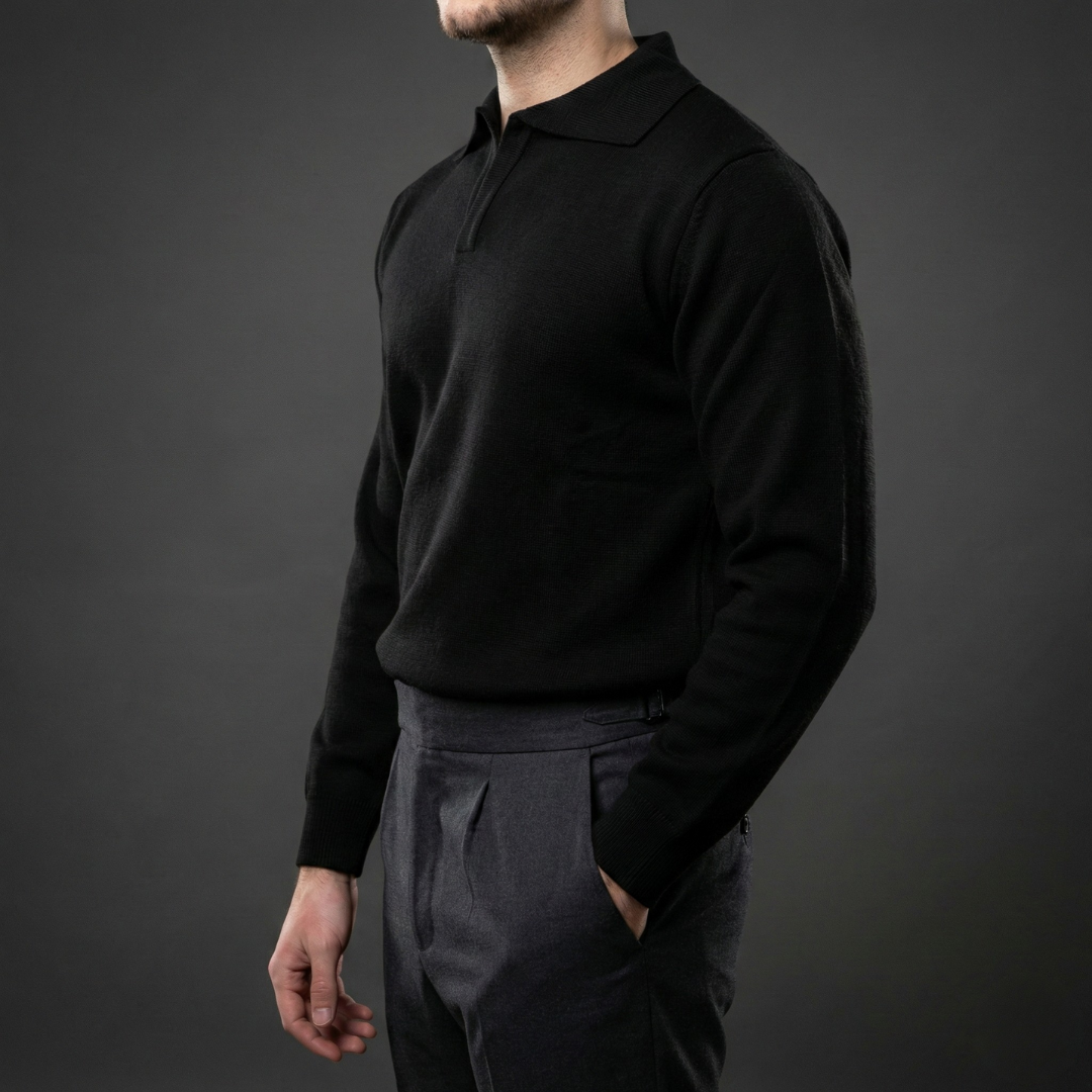 Essential Black Long-Sleeve Polo Sweater
