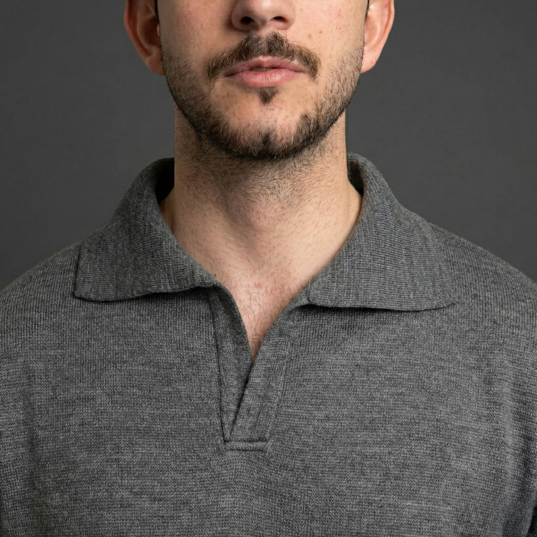 Grey Long-Sleeve Polo Sweater