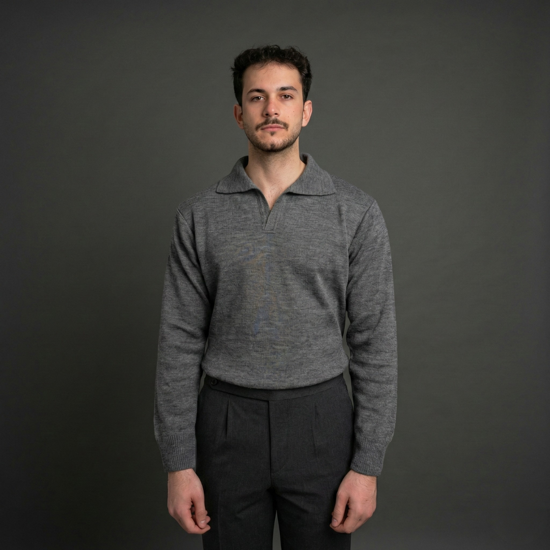Grey Long-Sleeve Polo Sweater