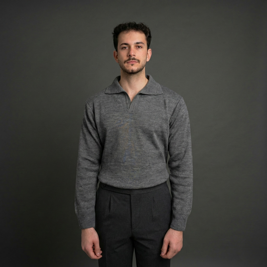 Grey Long-Sleeve Polo Sweater