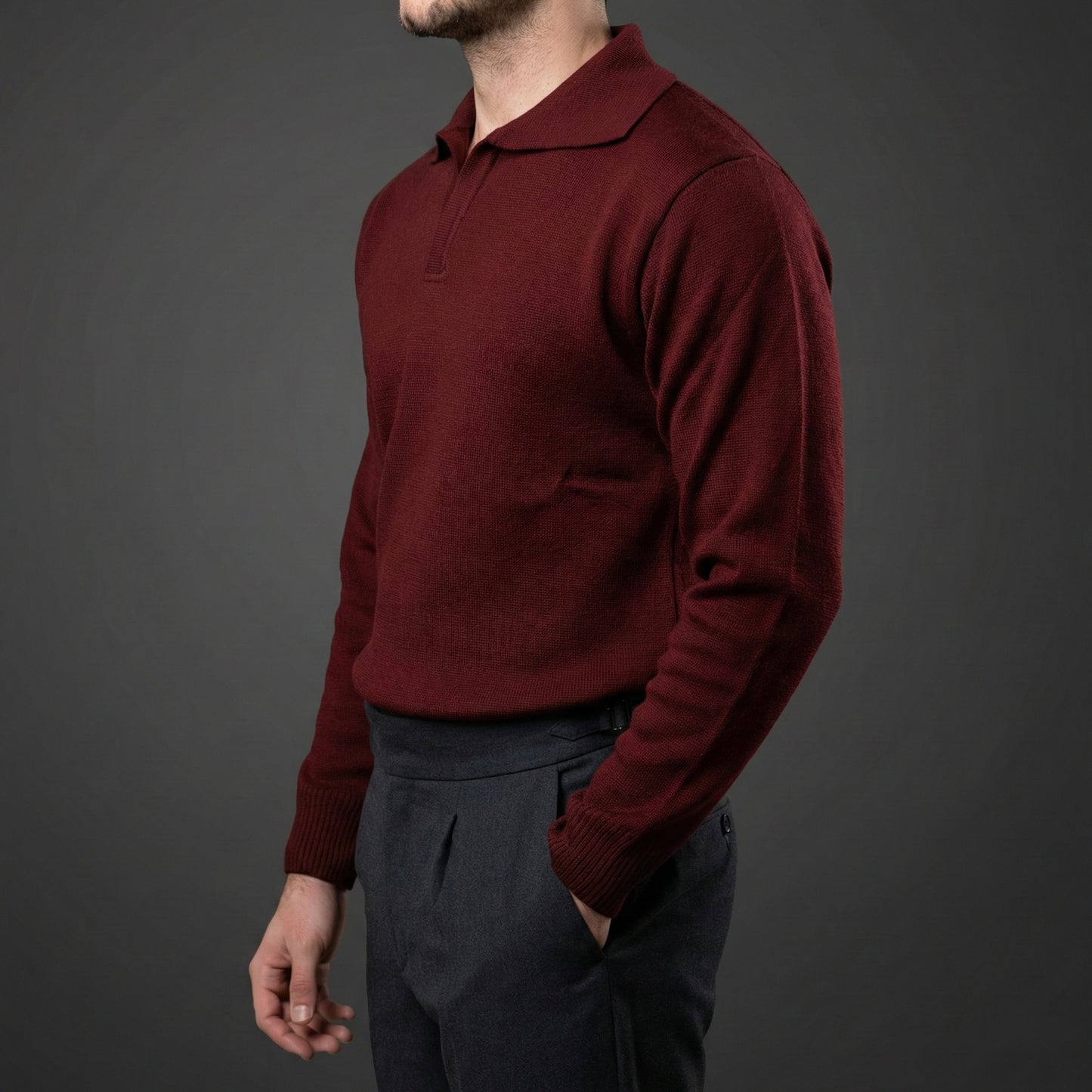 Elegant Burgundy Long-Sleeve Polo Sweater