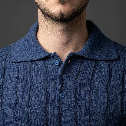 Blue Cable Knit Polo Sweater