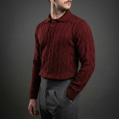 Elegant Burgundy Cable Knit Polo Sweater
