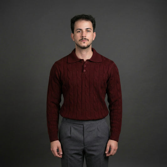 Elegant Burgundy Cable Knit Polo Sweater