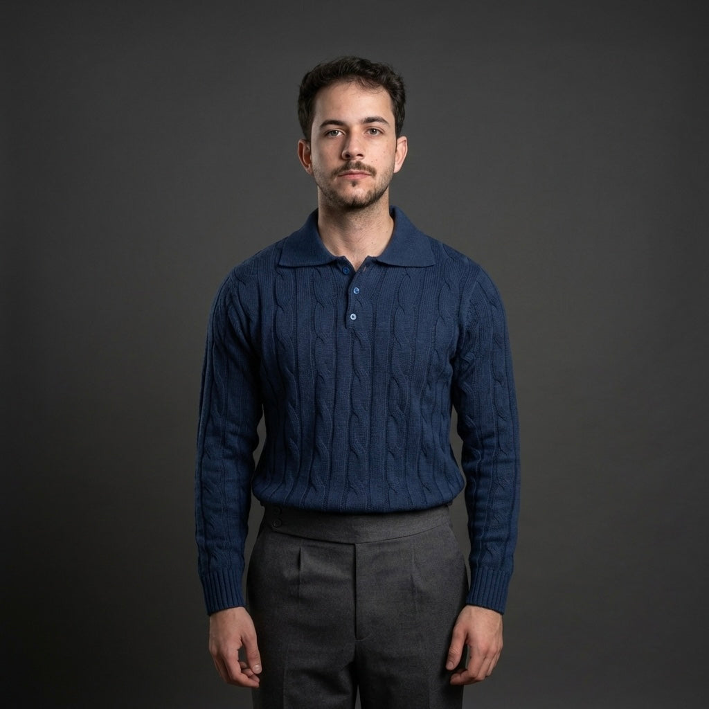 Blue Cable Knit Polo Sweater