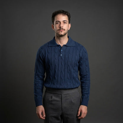 Blue Cable Knit Polo Sweater