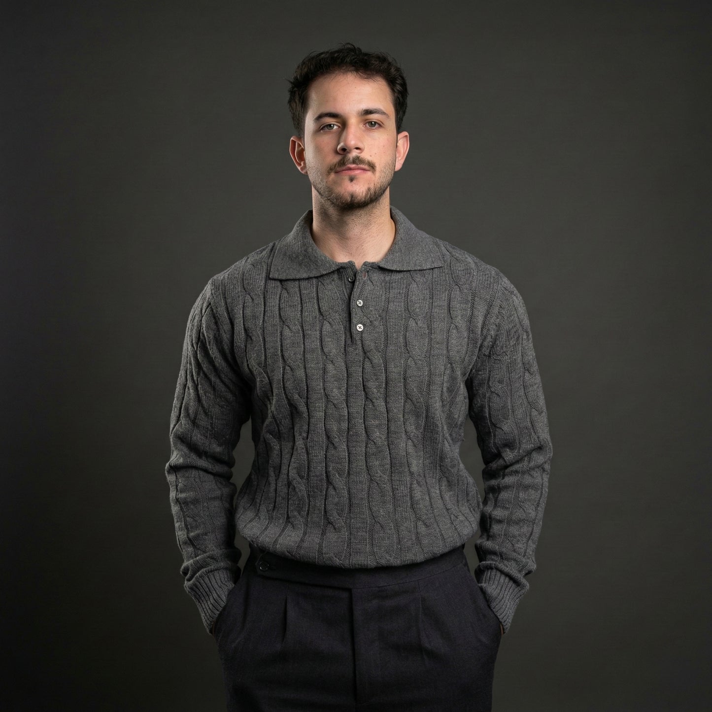 Modern Grey Cable Knit Polo Sweater