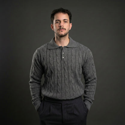 Modern Grey Cable Knit Polo Sweater