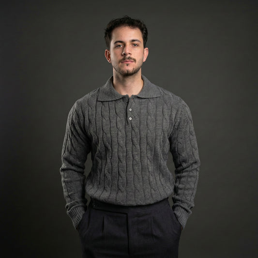 Modern Grey Cable Knit Polo Sweater