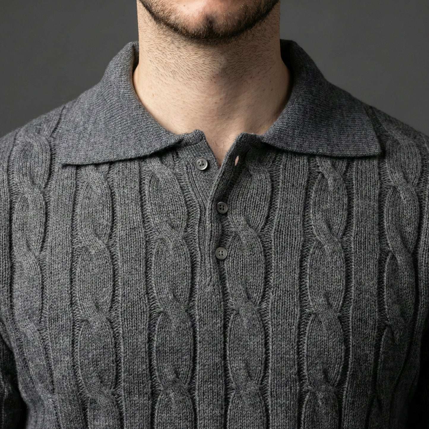 Modern Grey Cable Knit Polo Sweater