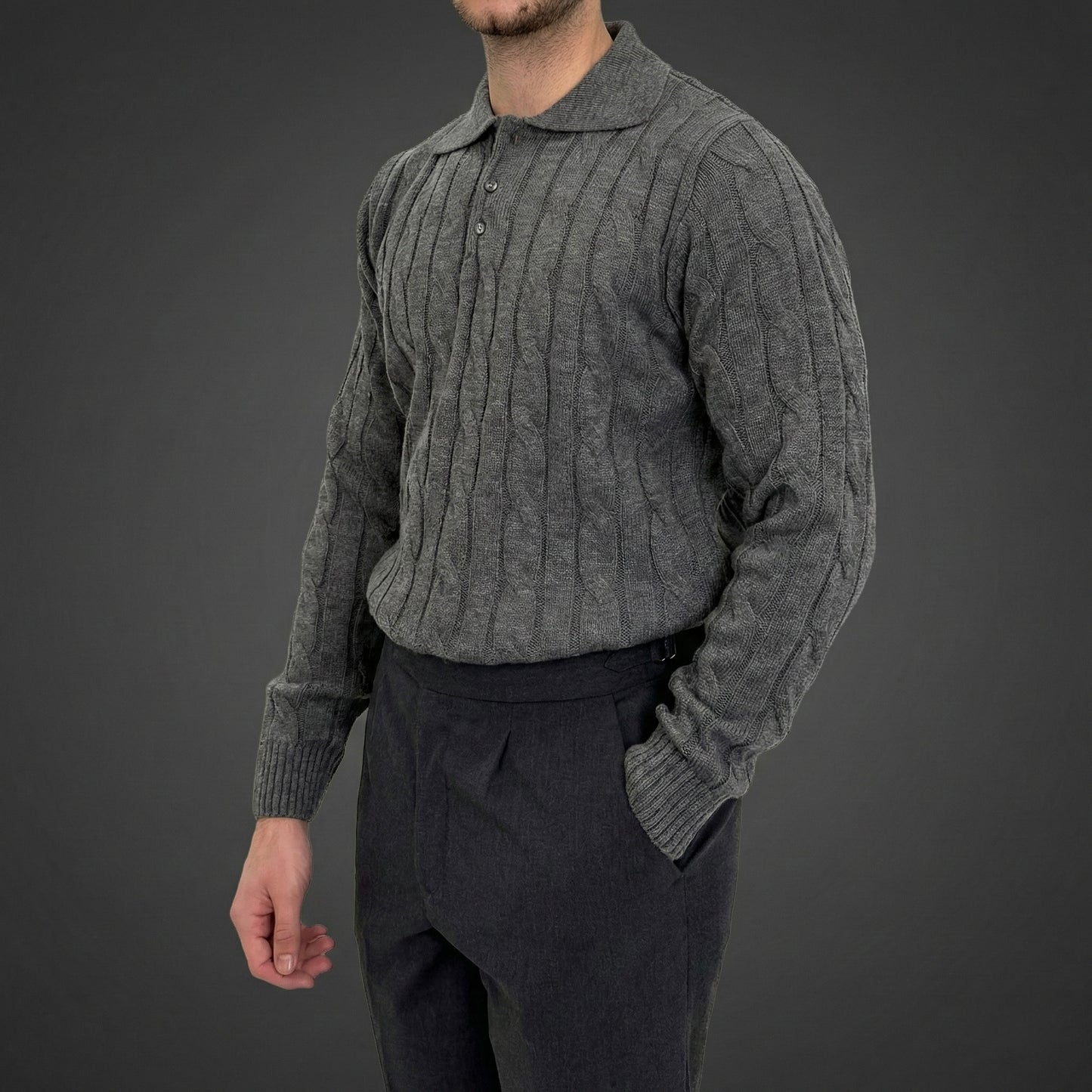 Modern Grey Cable Knit Polo Sweater