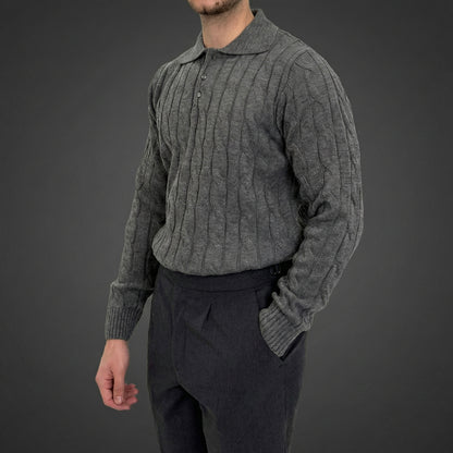 Modern Grey Cable Knit Polo Sweater