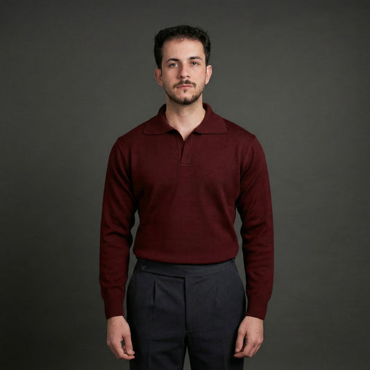 Elegant Burgundy Long-Sleeve Polo Sweater