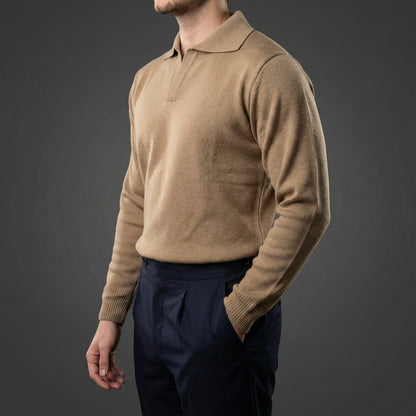 Classic Beige Long-Sleeve Polo Sweater
