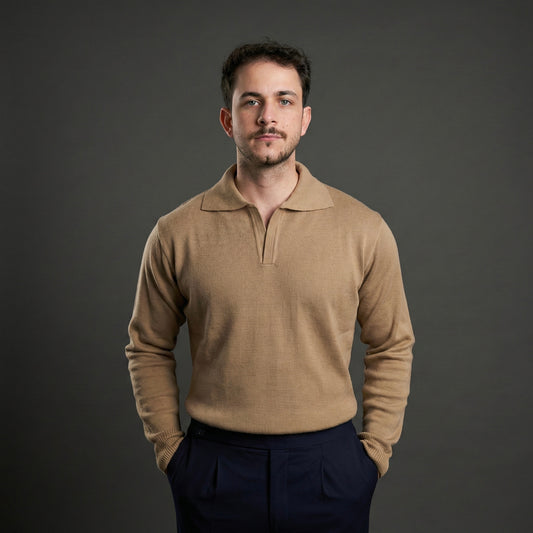 Classic Beige Long-Sleeve Polo Sweater