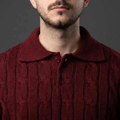 Elegant Burgundy Cable Knit Polo Sweater