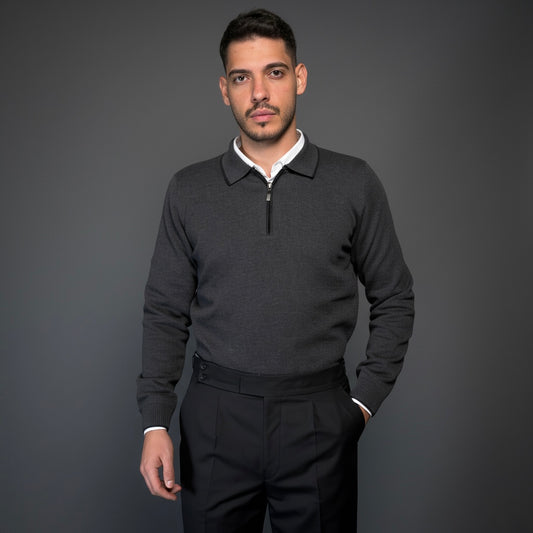 Charcoal Cotton Zipper Sweater Slim Fit