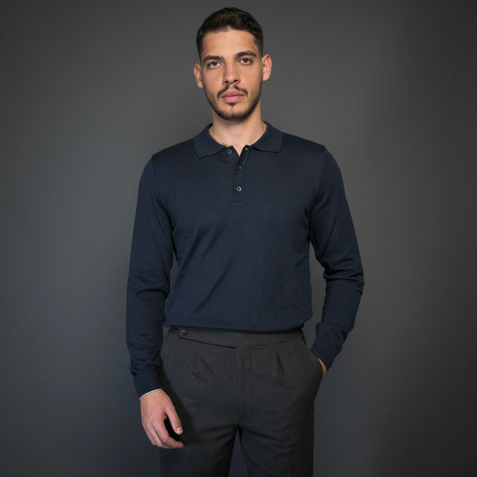 Navy Blue Cotton Polo Sweater Slim Fit