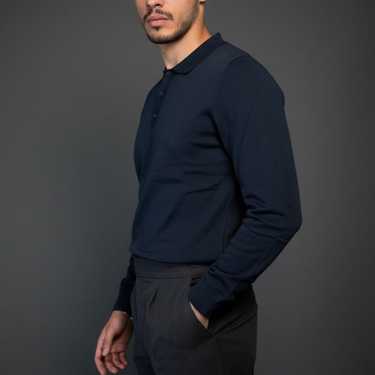 Navy Blue Cotton Polo Sweater Slim Fit