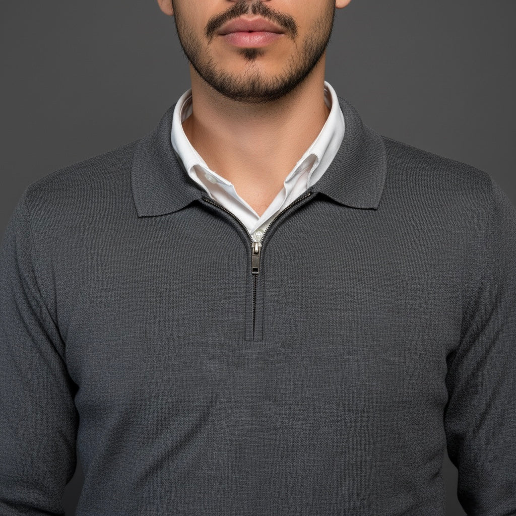 Grey Cotton Zipper Sweater Slim Fit