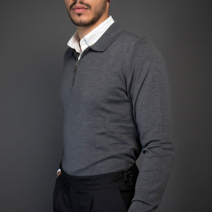 Grey Cotton Zipper Sweater Slim Fit