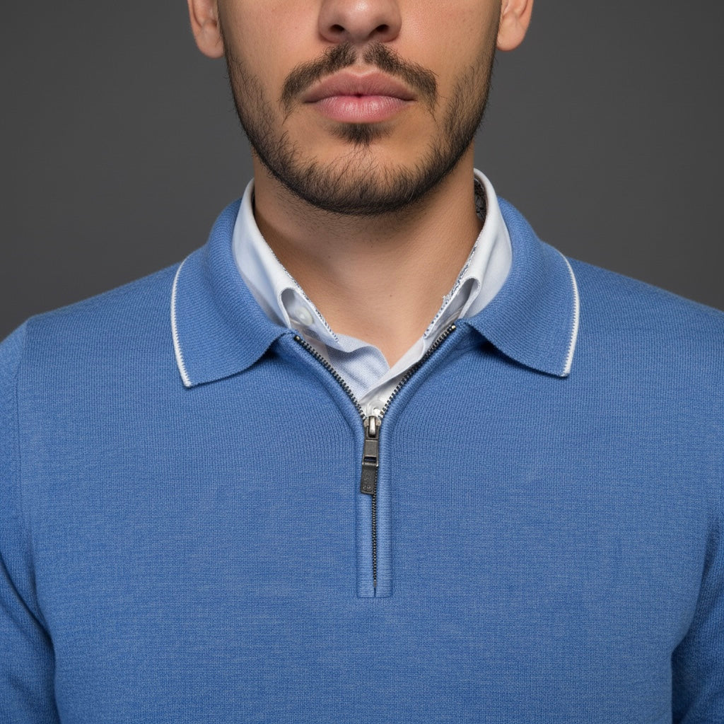 Blue Cotton Zipper Sweater Slim Fit