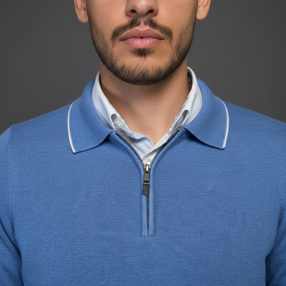 Blue Cotton Zipper Sweater Slim Fit