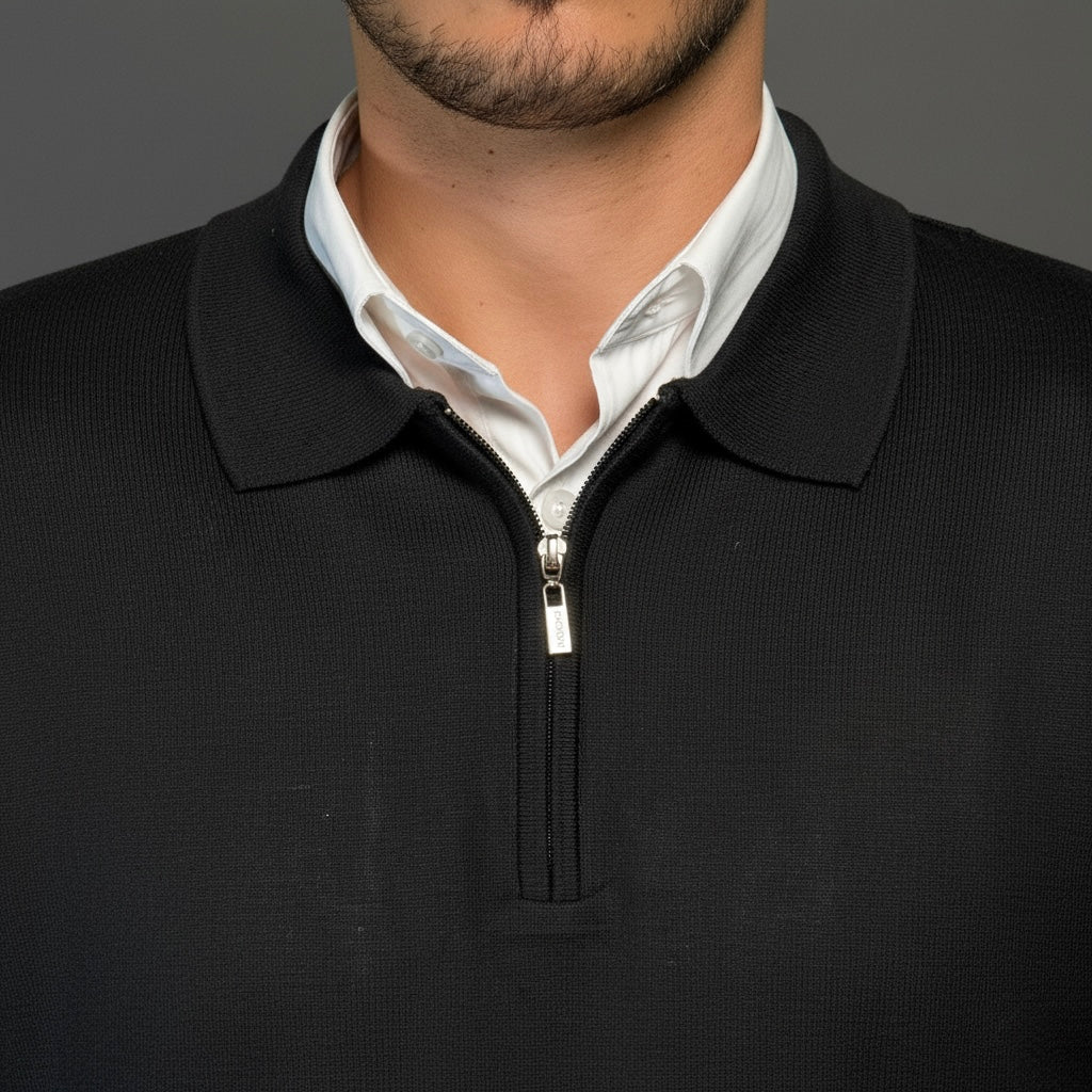 Black Cotton Zipper Sweater Slim Fit