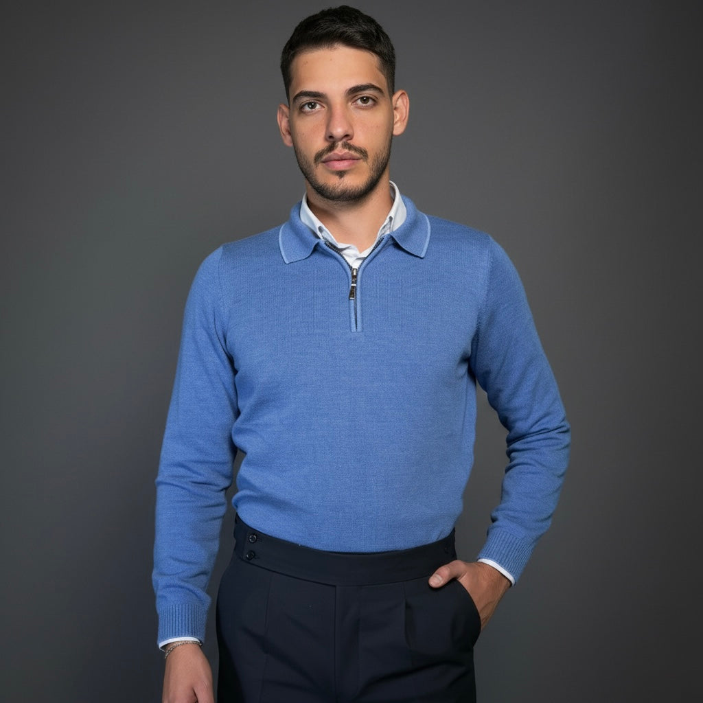 Blue Cotton Zipper Sweater Slim Fit