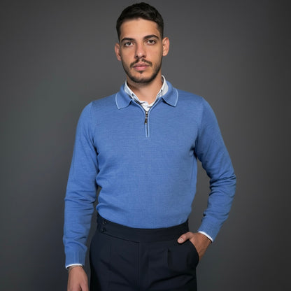 Blue Cotton Zipper Sweater Slim Fit
