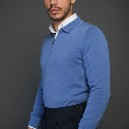 Blue Cotton Zipper Sweater Slim Fit