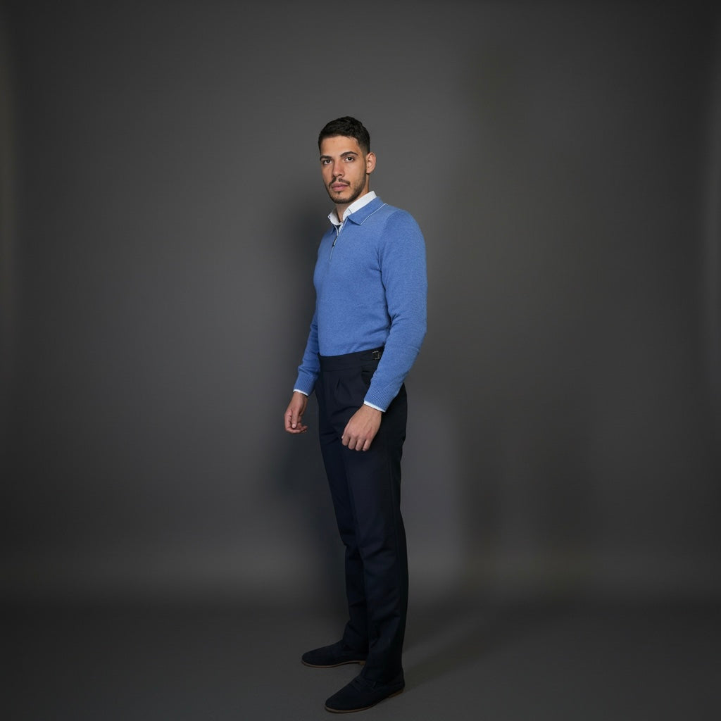 Blue Cotton Zipper Sweater Slim Fit