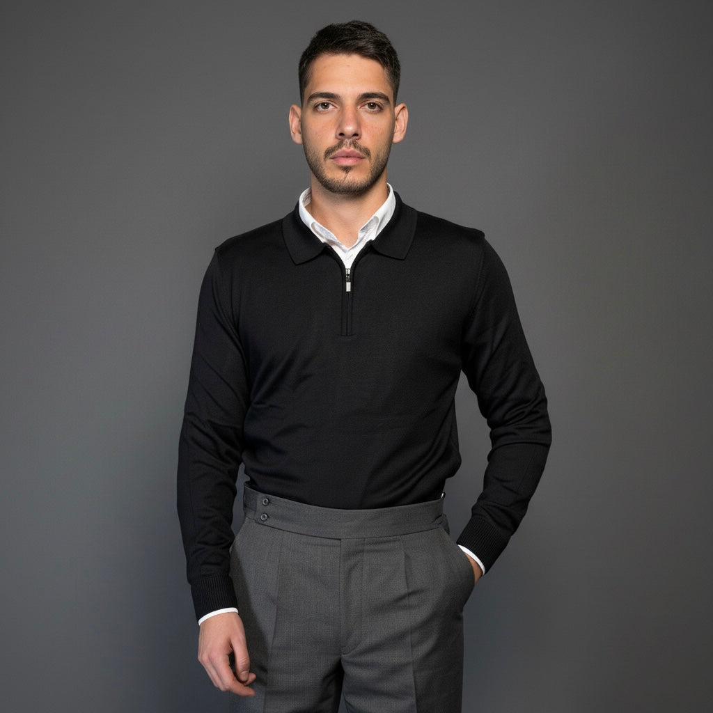 Black Cotton Zipper Sweater Slim Fit