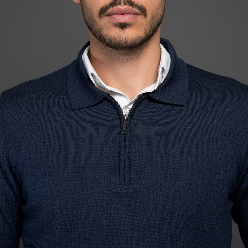 Navy Blue Cotton Zipper Sweater Slim Fit