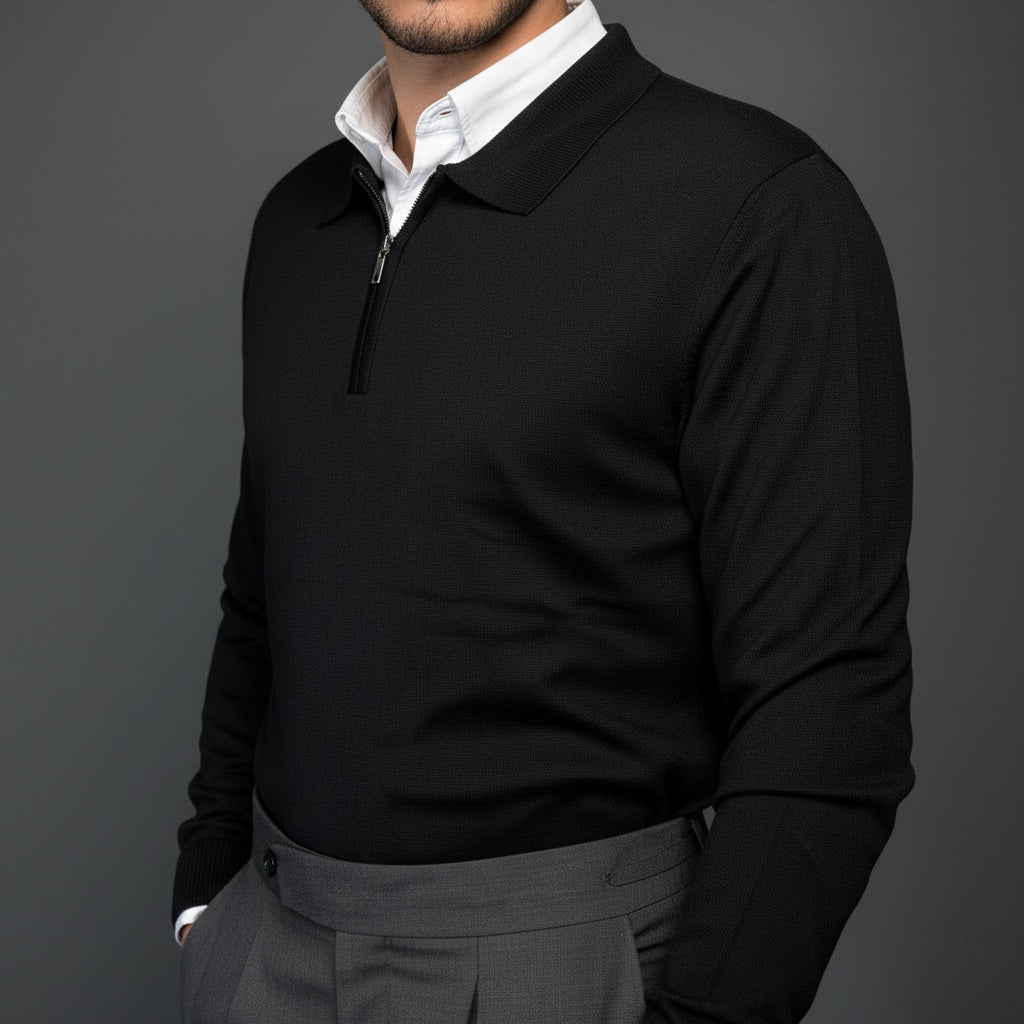 Black Cotton Zipper Sweater Slim Fit