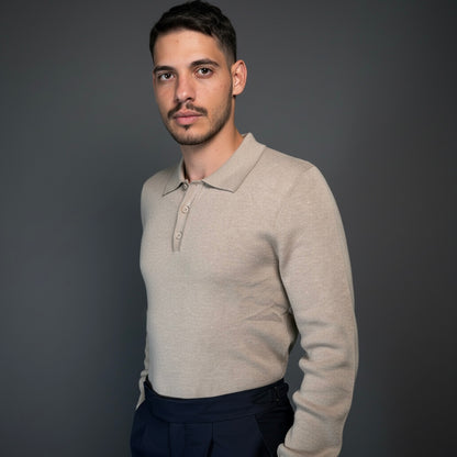 Beige Cotton Polo Sweater Slim Fit