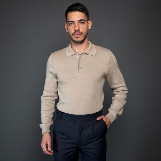 Beige Cotton Polo Sweater Slim Fit