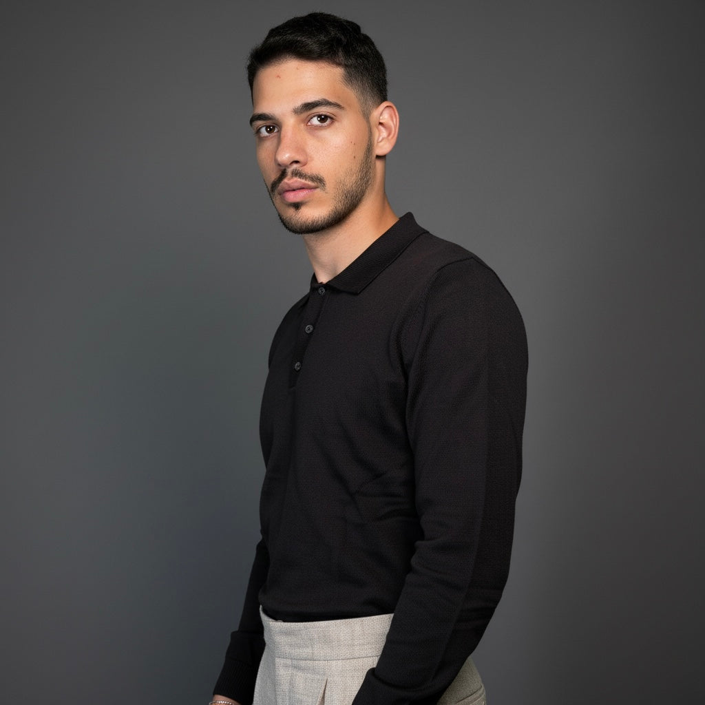 Black Cotton Polo Sweater Slim Fit