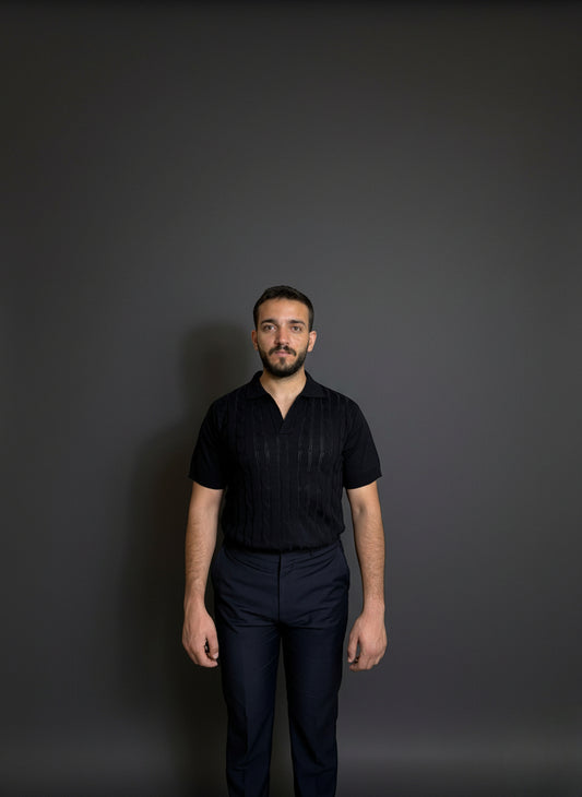 Navy Blue Cable-Knit Polo Shirt