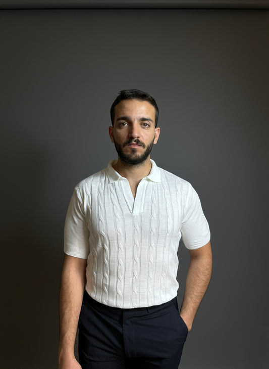 White Cable-Knit Polo Shirt