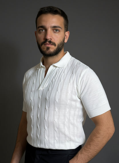 White Cable-Knit Polo Shirt