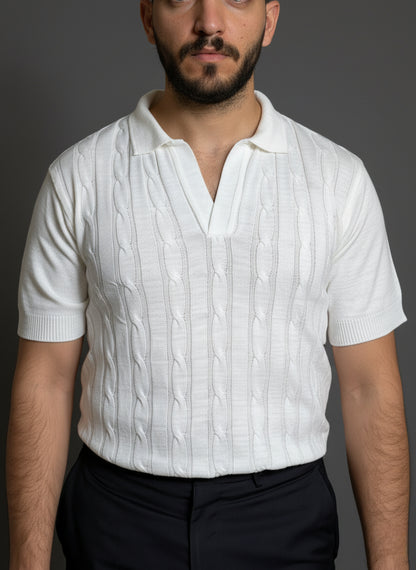 White Cable-Knit Polo Shirt